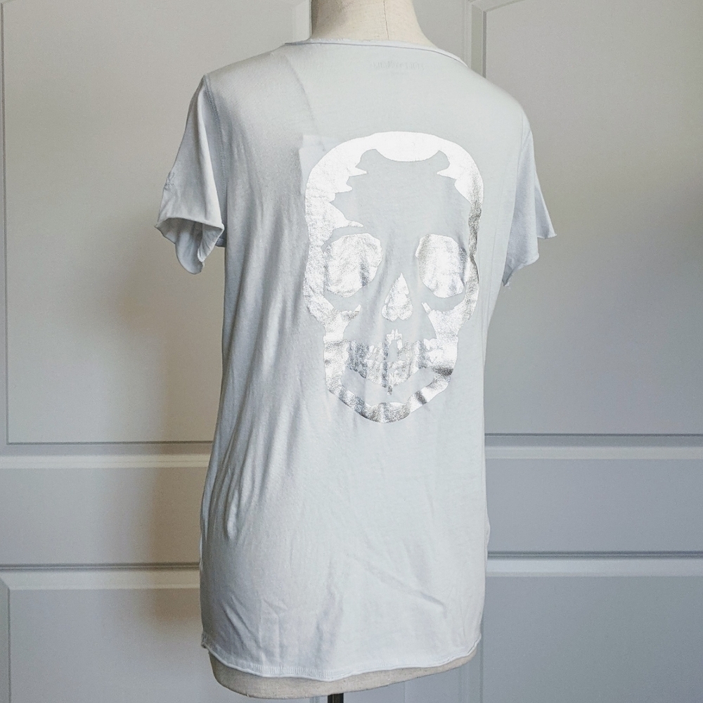 Zadig & Voltaire Tee Tunisien MC Skull V-Neck Short Sleeve Metallic Grey M NWT
